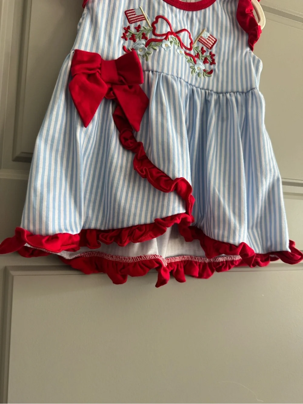 Simply Scarlett Blue & Red Striped Ruffle matching short set with Bow Accent